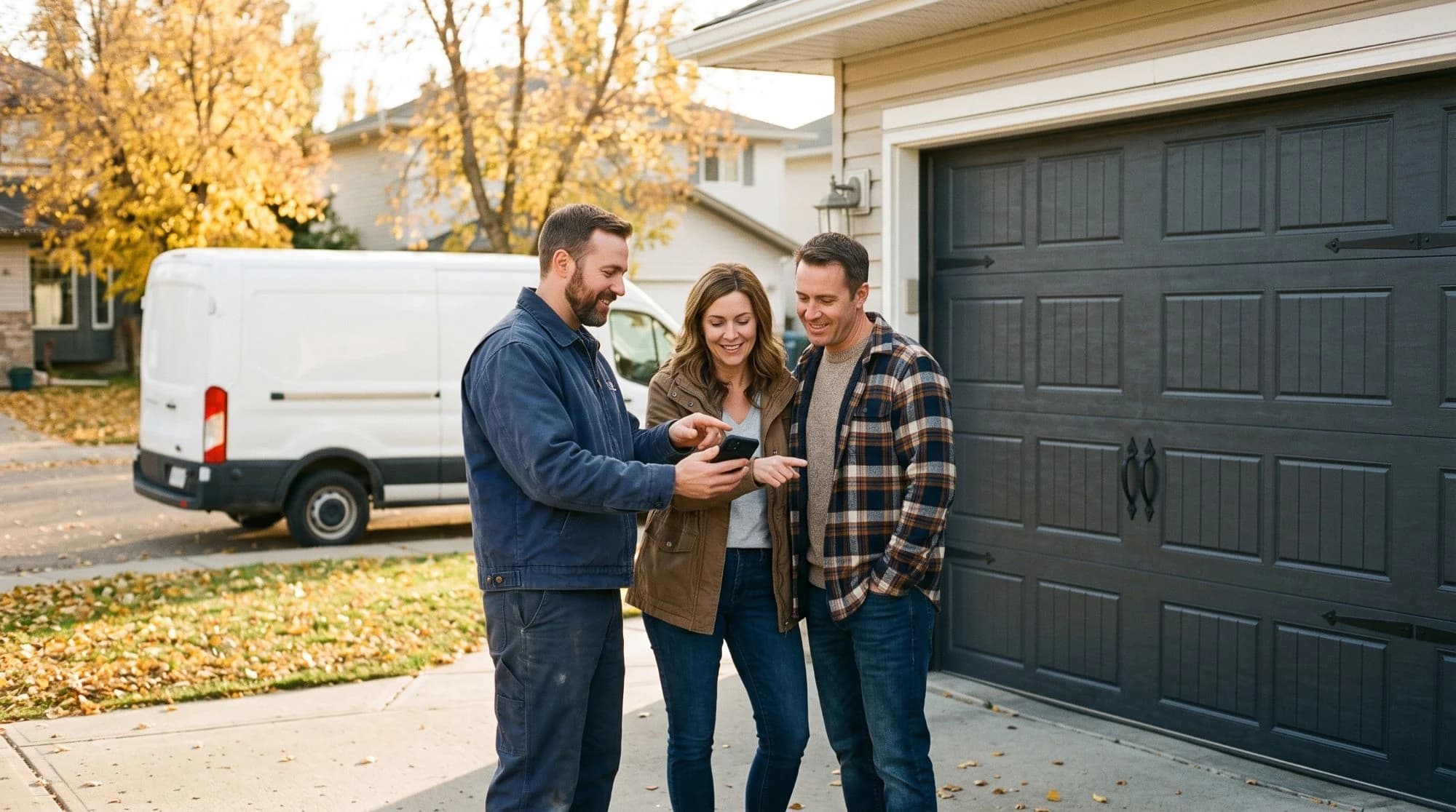 A technician showing two homeowners quote options on a phone