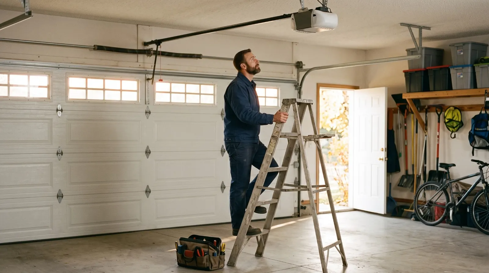 A garage door technician on a ladder checking the opener in a customer's garage