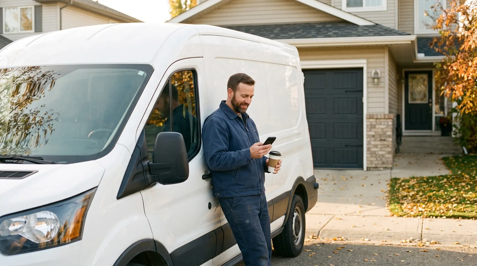 A garage door company owner checking his phone beside his van