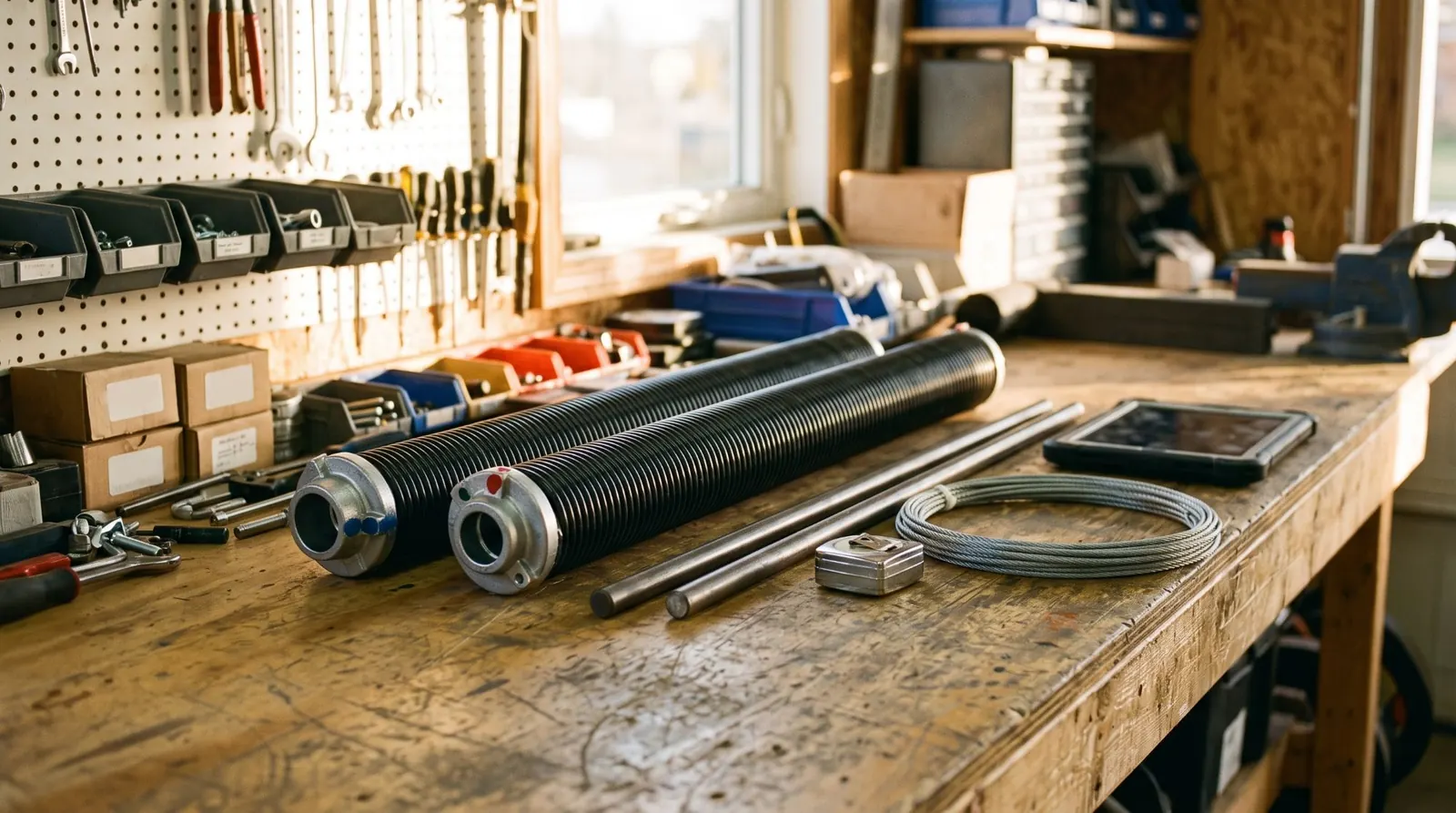 Torsion springs on a workbench