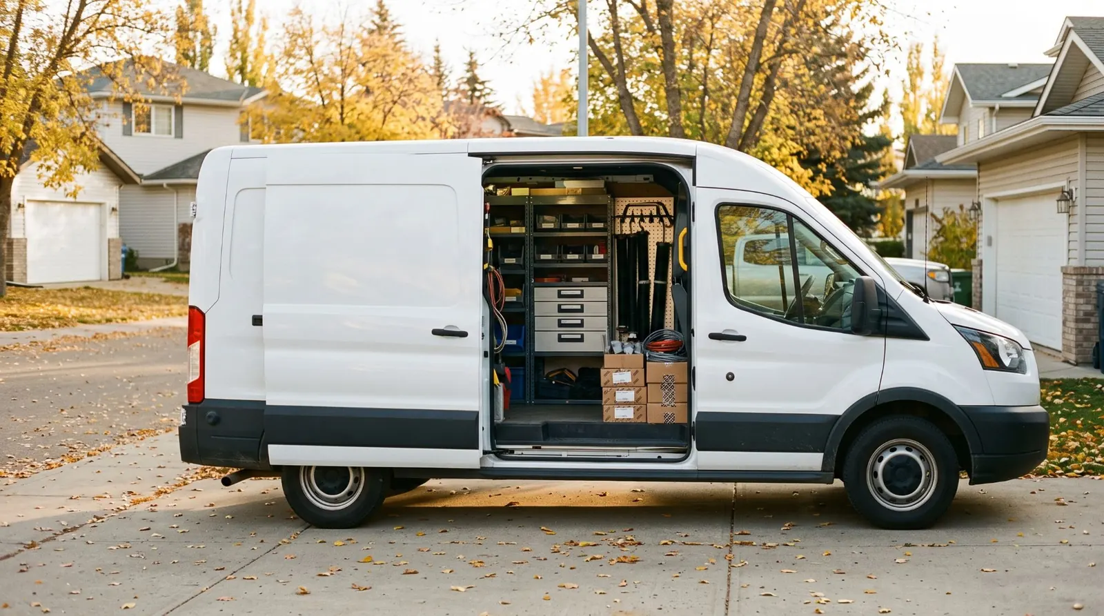Parts shelves in a garage door service van
